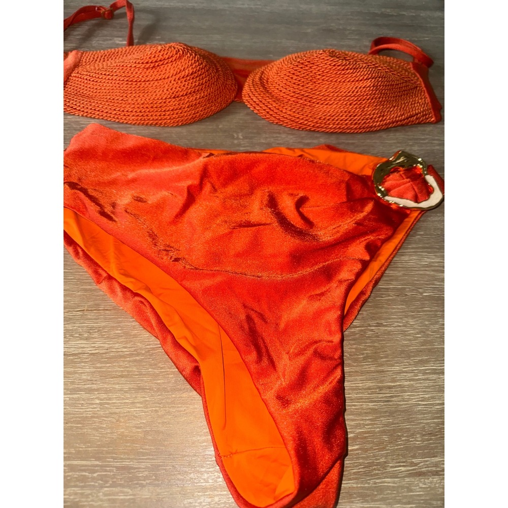 PatBO Burnt Orange Rope Textured Bikini Set High Waist Gold Buckle USA XL - Picture 6 of 9